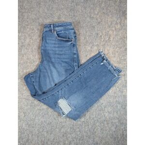 Express High Rise Women's Jeans in Medium Blue with Distressed Hem